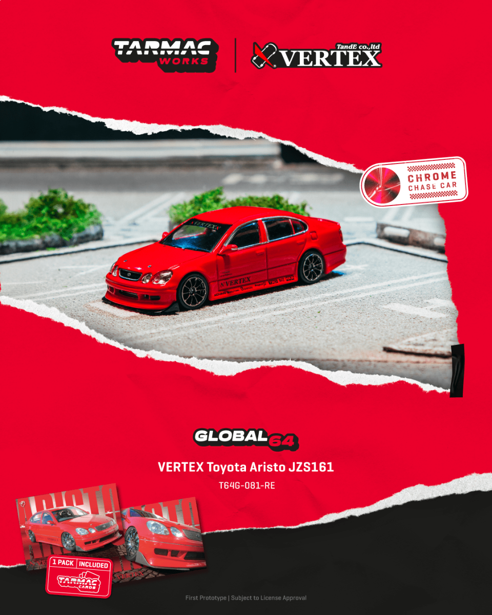 Tarmac Works VERTEX Toyota Aristo JZS161 Red with Tarmac Cards T64G-081-RE 1/64 Diecast