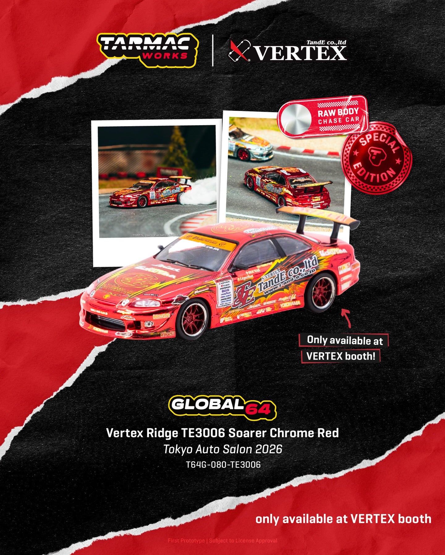 [TAS2026] Tarmac Works Vertex Ridge TE3006 Soarer Chrome Red TAS 2026 1/64 Diecast